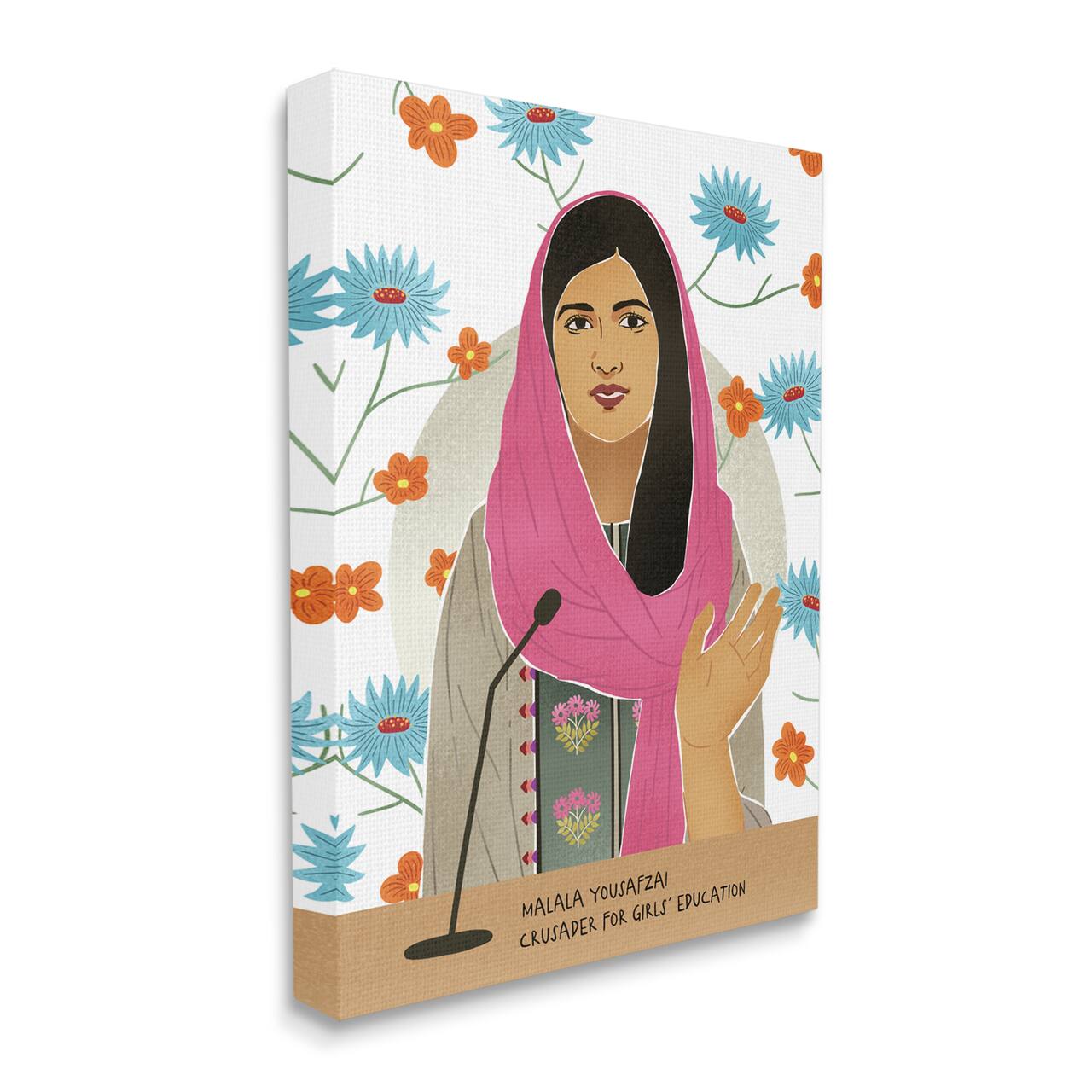 Stupell Industries Malala Yousafzai Speech Over Blue & Orange Flowers Wall Art